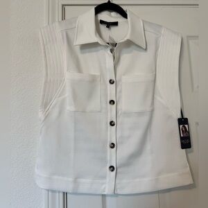 Rachel White Sleeveless Button-Front Shirt with Patch Pockets